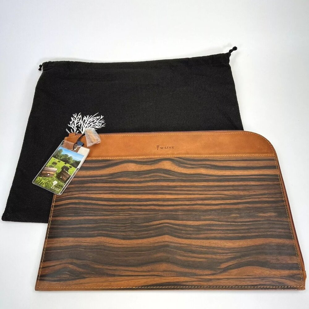 Document Carrying Case W - Line Unisex Wood Natural Ebony Teak Leather Brown Bag